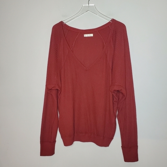 Free People Boho Waffle Knit V-Neck Oversized Top Size Large - Picture 8 of 8